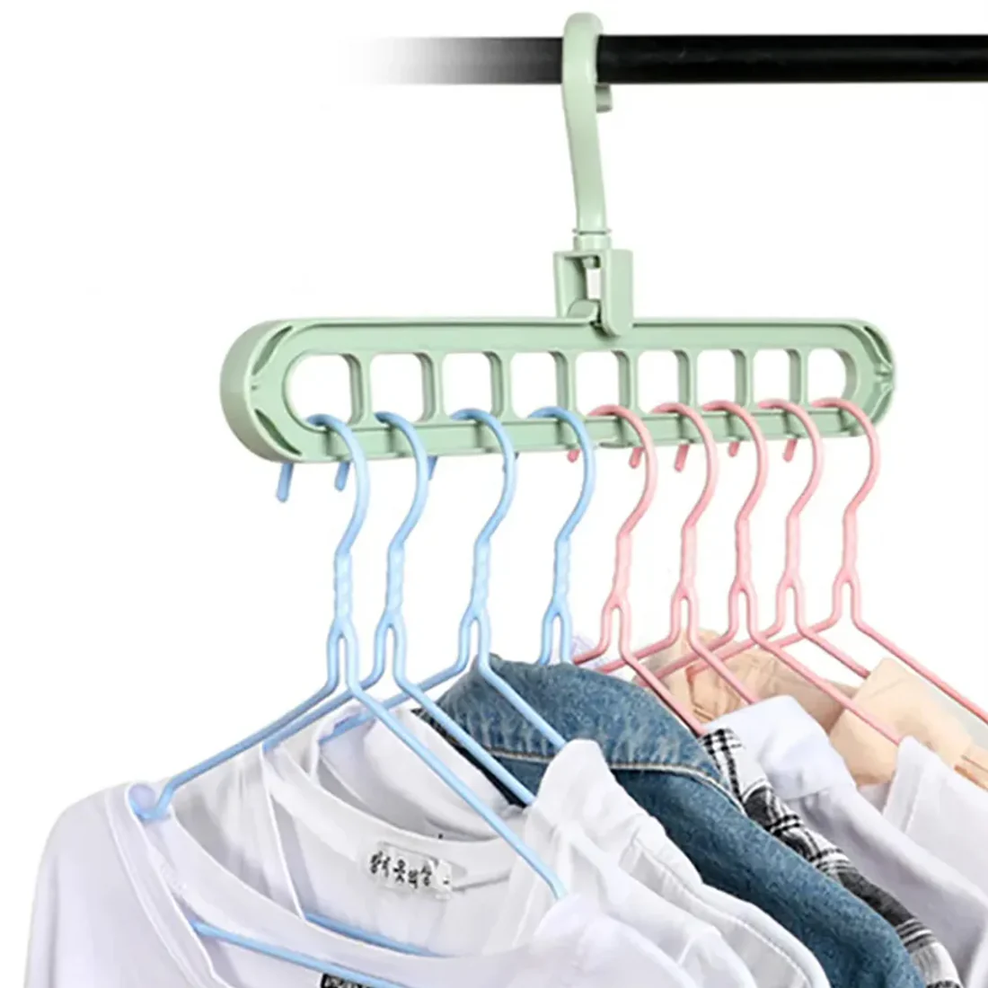 Space saving clothes hanger with 360 rotation